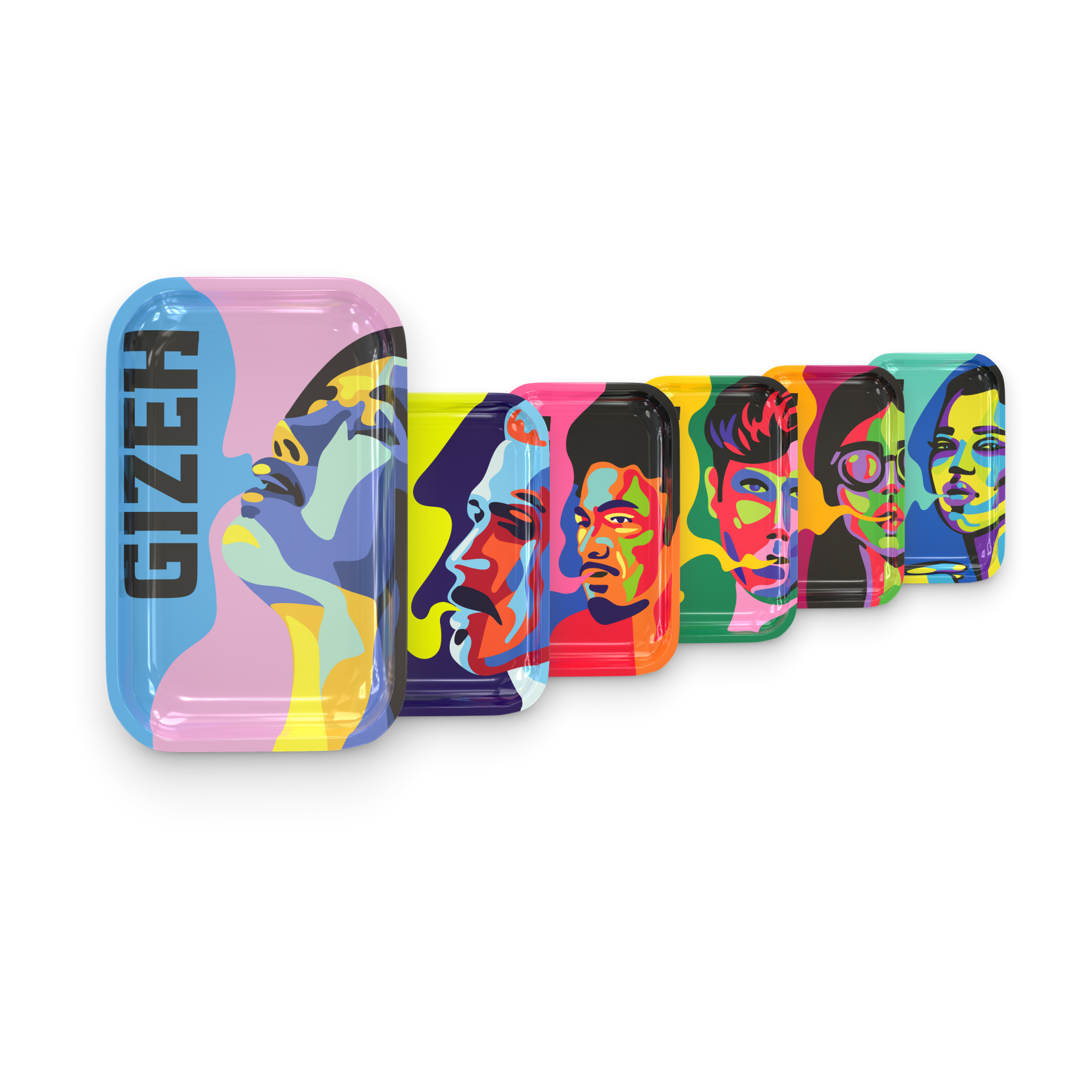 GIZEH® Faces Rolling Tray – Set aus 8 verschiedenen Designs mit abstrakten Gesichtern.