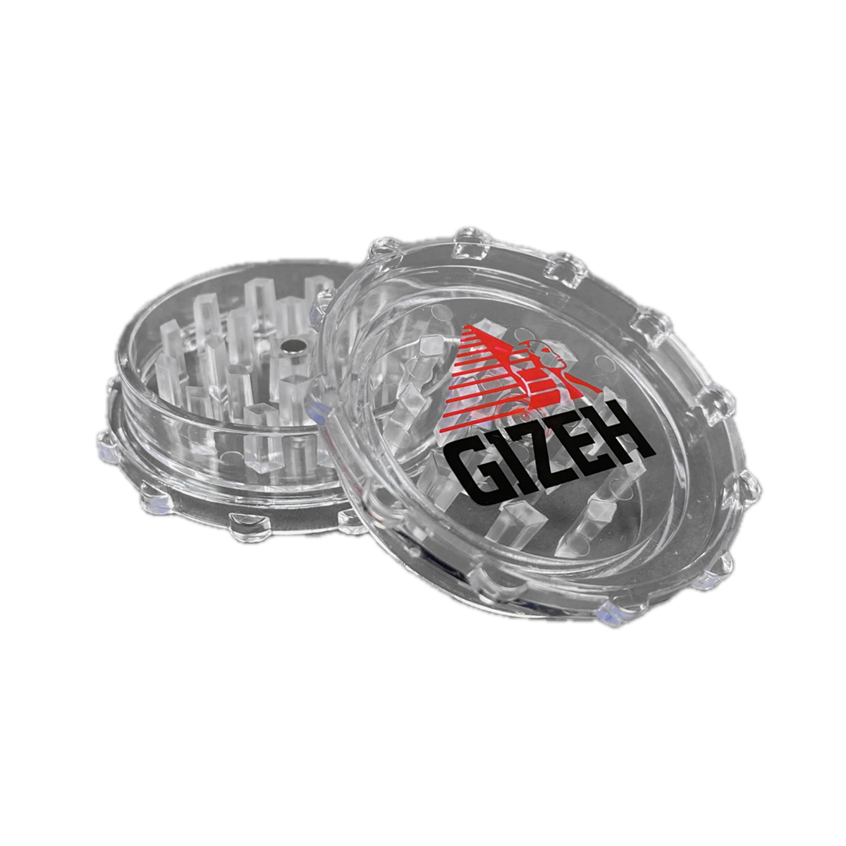 GIZEH® Acryl Grinder 60mm – transparenter Grinder mit GIZEH-Logo auf dem Deckel.