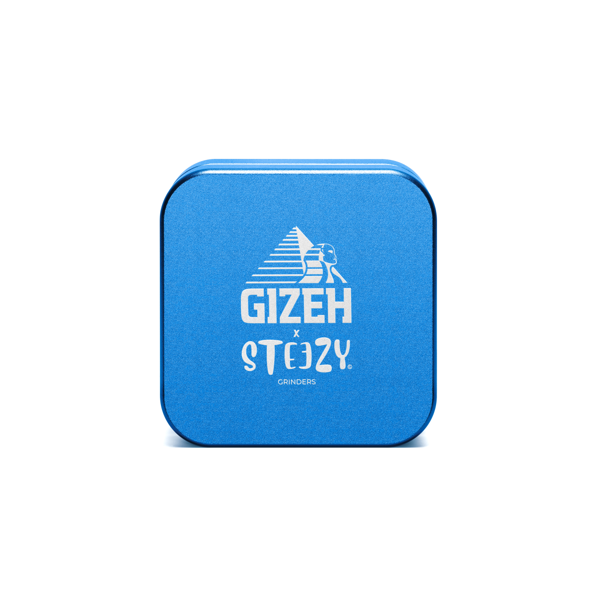 Vorderansicht des GIZEH® x Steezy Grinders mit markantem Branding in blau